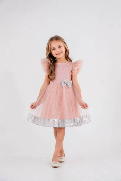 Eray Kids Kolları Fırfırlı Simli Pullu Fiyonk Detaylı Kız Çocuk Abiye Elbise