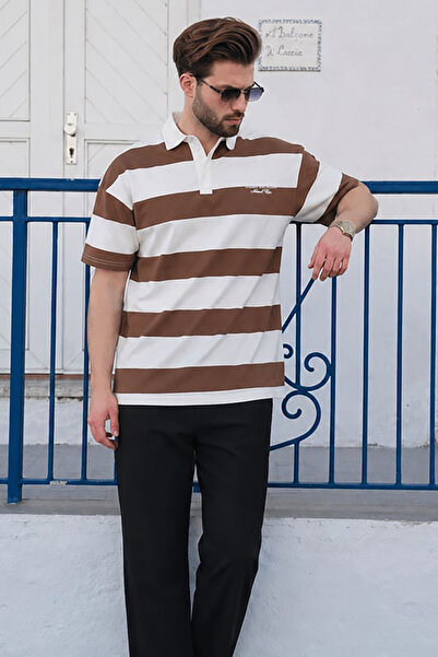 Madmext Kahverengi Oversize Renk Bloklu Polo Yaka Tişört E7120