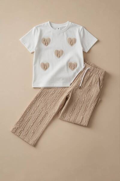 Kalyoncu Butik Cream Heart Embroidered Cotton T-Shirt and Ruffle Detailed Pants Set