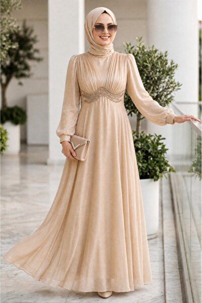 N.S NEVA STYLE Beaded Detailed Dark Beige Hijab Evening Dress 6295Kbej