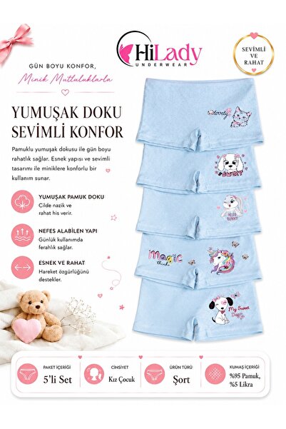 Hilady Kız Çocuk Külot, Bebe Mavisi Baskılı, Pamuklu Kız Çocuk Külot + Şort