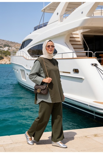 Aselim Hijap Moda Liora Kadın Tesettür İkili Takım – Pamuklu İki İplik Gömlek Detaylı- Hakiyeşil