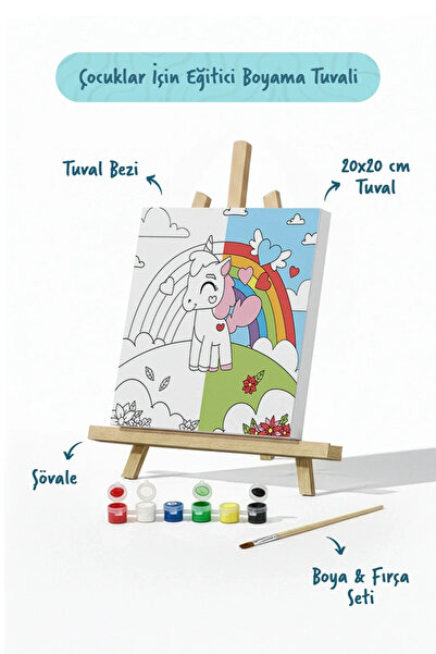 Tabdiko Unicorn Figürlü Çocuk Boyama Tuvali – Şövaleli Boya Seti 20x20