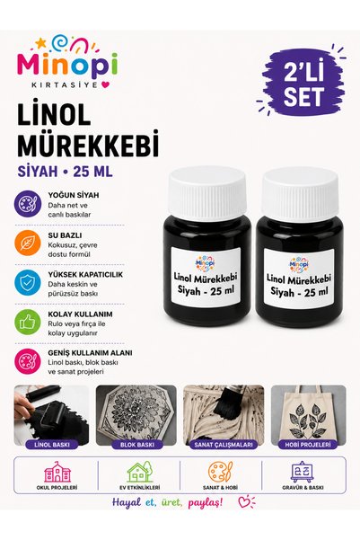 Minopi ( 2 Adet ) Linol Mürekkebi Siyah 25 ml Linol Baskı Mürekkebi Blok Bask...