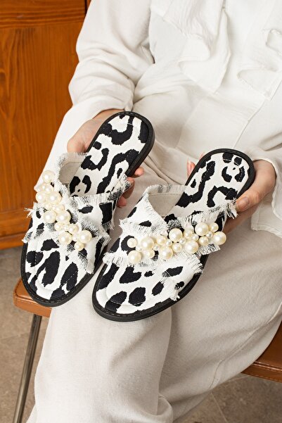 dabab shoes MIRELLA Papuci de damă, cu textura de paie, cu model animal, alb-...