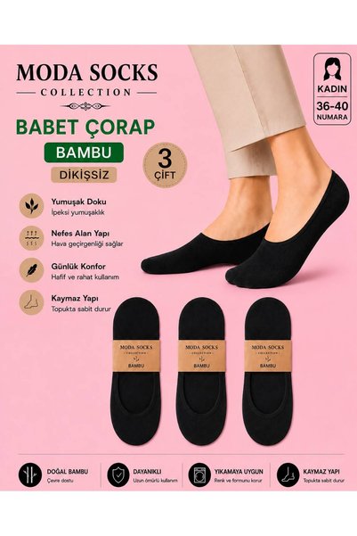 modasocks Topuktan Kaymaz Bambu Kadın Babet Çorap 3 Çift Siyah