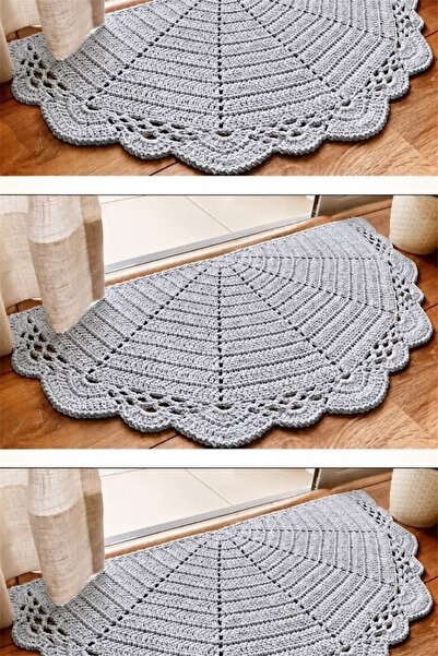 afralya home Banyo / Balkon Kapı Önü Yarımay Şeklinde Örgü Kilim Paspas-AÇIK GRİ