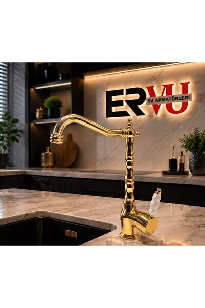 Ervu Yapı Altın Gold Rustik Musluk Mutfak Eviye (SICAK SOĞUK GİRİŞLİ, PİRİNÇ ...