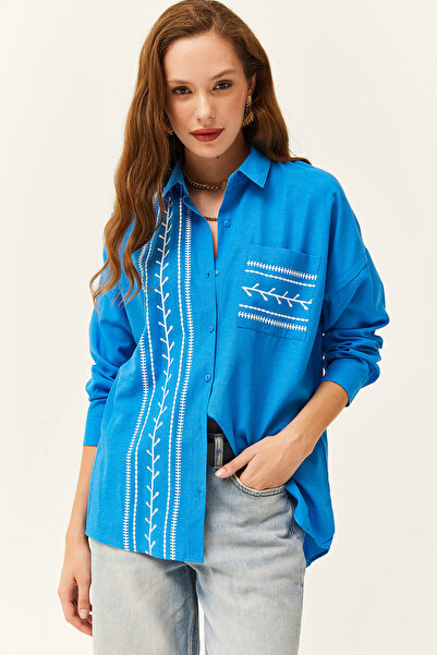 Olalook Women's Cobalt Blue Pocket Detailed Printed Woven Shirt GML-19000985
