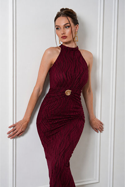 MILANOFOX Rochie midi de damă, din tul, cu model valuri burgundy, cu sclipici...