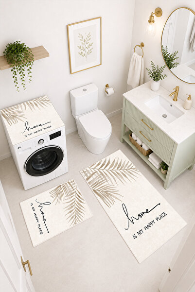 Modern 3 Parça Banyo Paspas Seti Kaymaz Tabanlı Makinede Yıkanabilir Banyo Halısı Takımı ve Çamaşır Makinesi Matı