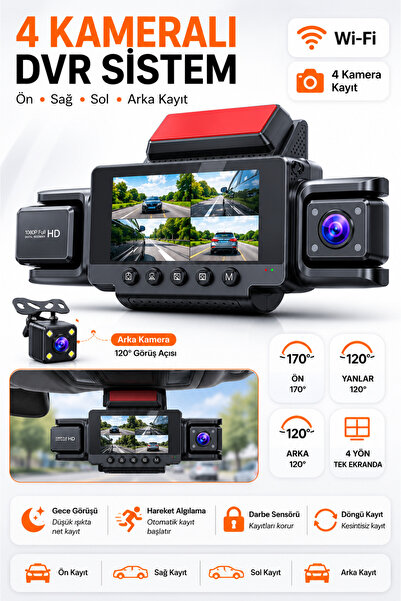 4-Kameralı DVR Geri Görüşlü Açısı değiştirilebilir Premium Araç Kamerası, 64GB, Wi-Fi destekli