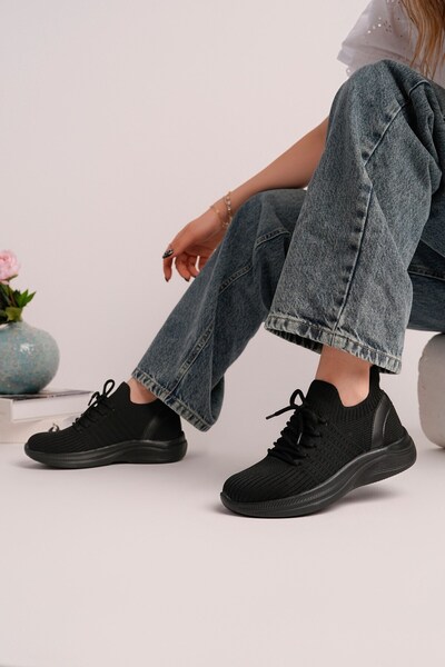 SEFERİ Women's Black Stretch Knitwear Lace-Up Walking Orthopedic Sports Shoes...