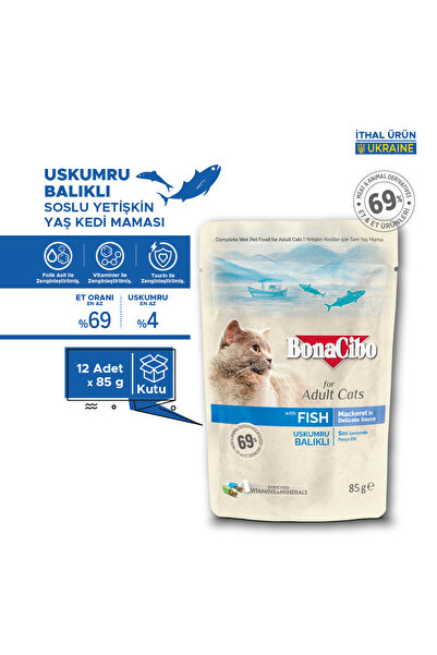 BonaCibo Soslu Uskumru Balıklı Pouch Yaş Kedi Maması, 85 Gr x 12 Adet