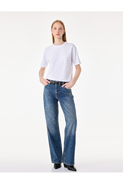 Koton Taş Detaylı Yüksek Bel Düz Paça Denim Pantolon- Straight Jeans