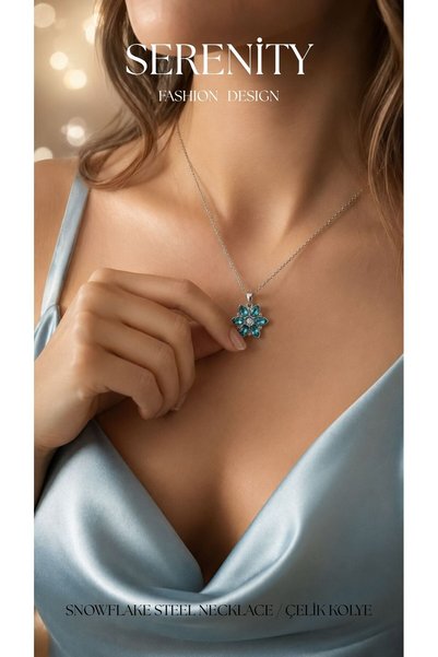Serenity Blue Zircon Stone Opened Flower Steel Necklace