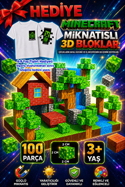 ABS Minecraft Manyetik Bloklar - Creeper Baskılı 6-9 Yaş Tişöer Hediyeli 100 ...