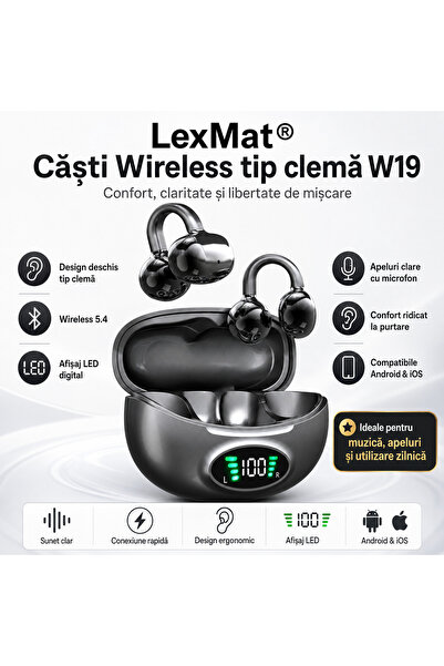 LexMat Casti Wireless clema, tip cercel bluetooth cu microfon W19 ®, Bluetoot...