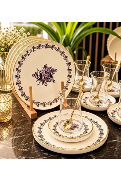Onedekor 18 Parça Modern Regaria Purple Flower Pasta Çay Saati Seti