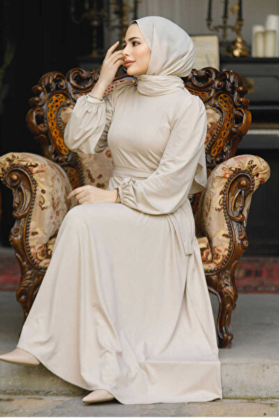 Neva Style Kemerli Bej Tesettür Elbise 23101BEJ
