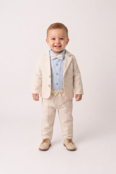 Çelix Kids Erkek Bebek Papyonlu %100 Cotton 4 Lü Takım Elbise