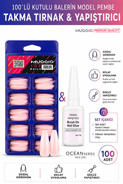 Muggio 100'lü Kutulu Balerin Protez Takma Tırnak + Tırnak Yapıştırıcısı 10gr