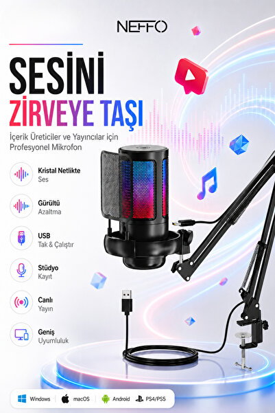 NEFFO Yayıncı Oyuncu Mikrofonu RGB USB Tak Çalıştır Podcast Standlı Oyuncu Mi...