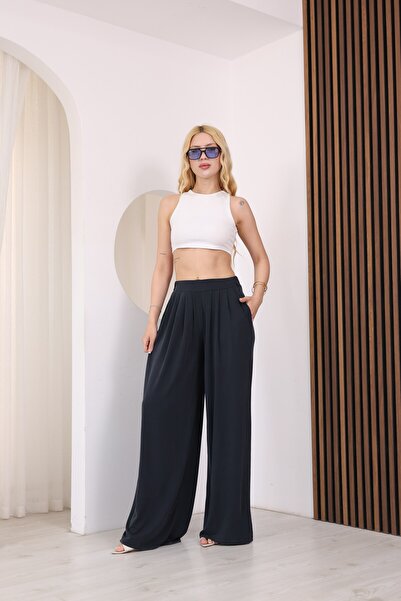 sahraozluk Pleated Modal Fabric Wide-Leg Trousers Anthracite Color