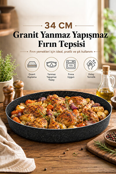 FİTHOME Granit Döküm Yuvarlak Fırın Tepsi Yanmaz Yapışmaz Yüksek Isıya Dayanıklı