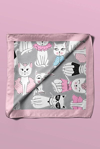 Modabutik Violla B85 Kadın Kedi Desenli Bandana 50x50 Siyah Beyaz Pembe DG041...
