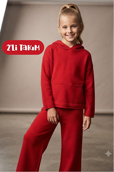 Hilal Akıncı Kids Girl's Hooded Pocket Sweatshirt Knitwear Pants Set of 2