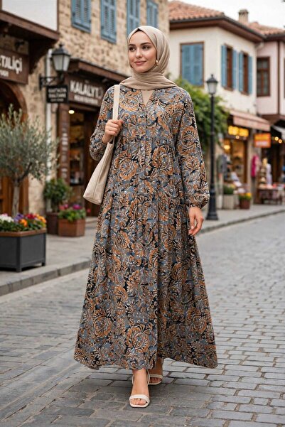 Freeista Gray Hijab Dress Authentic Patterned Hijab Dress 250734019