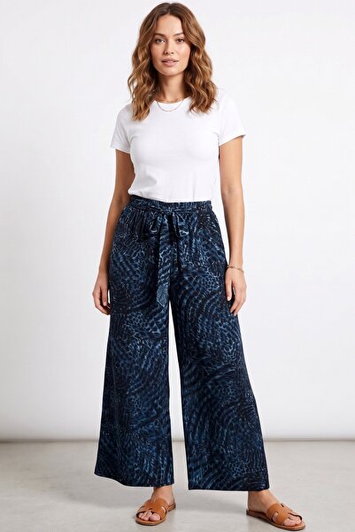 hadiora Women's Black Petrol Abstract Patterned Atlas Wide Leg Pants