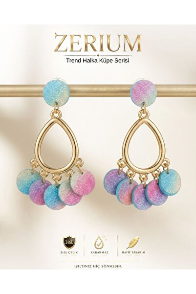 ZERİUM Hanging Steel Women's Earrings Colorful Acrylic Sequin Chandelier Mode...