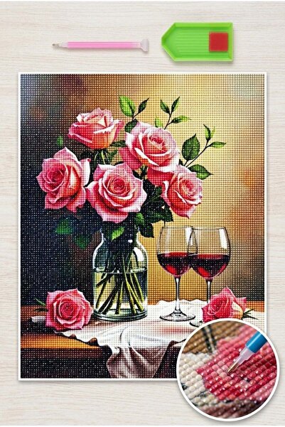 LİVA CRAFT Art & Craft Elmas Mozaik Tablo, 50x40cm Masada Pembe Güller Boncuk...