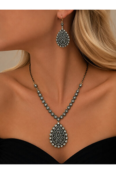 FUYA JEWELLERY Elmas Montür Zirkon Taşlı Kolye, Küpe Set