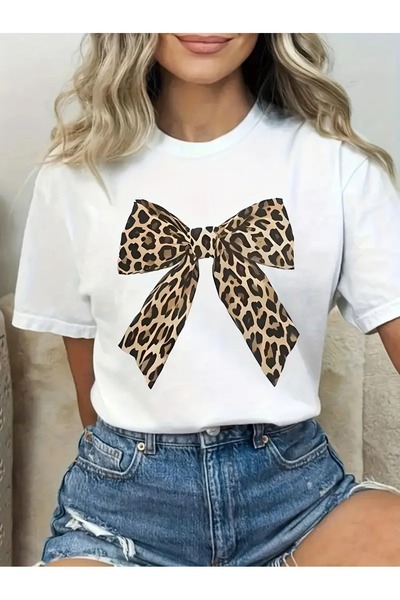 Tarzsokak Ženska mašna Sa leopard printom bela crna T-shirt Oversize kroj