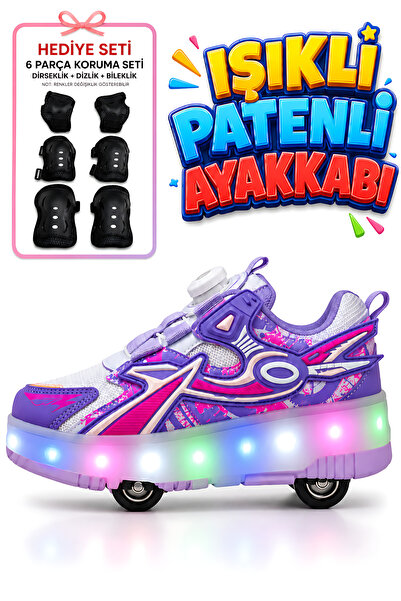 VestioStore Mor Pembe Çocuk Tekerlekli Işıklı Otomatik Bağcık Mekanizmalı Spo...