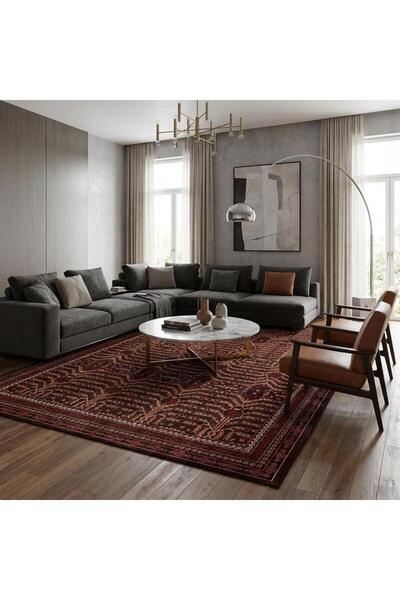 Carpettex Koyu Kahve Klasik Halı Desenli Dijital Baskılı Kaymaz Tabanlı Salon Halısı Dijital Baskı Halı 7 mm