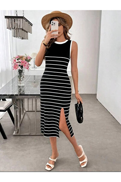 Generic Brand Women's Strappy Round Neck Stripe Detailed Slit Midi Knitwear D...