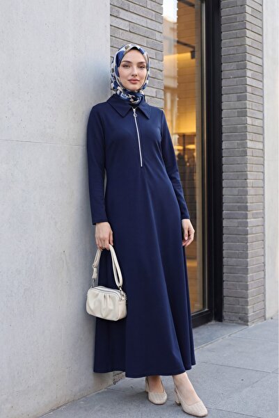 Modamorfo Half-Zip Shirt Collar Long Dress -Dark Blue