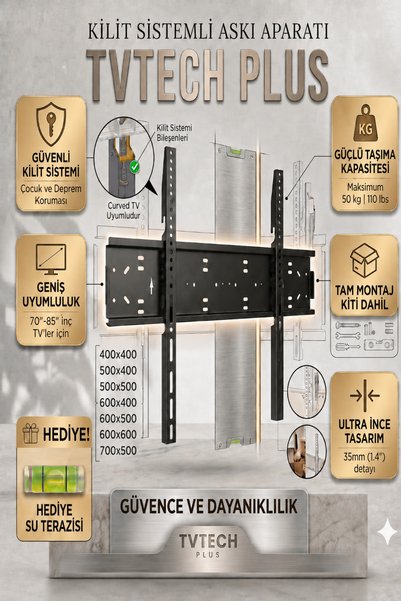TVTECHPLUS TV Duvar Askı Aparatı I 40inç-85inç/102cm-216cm I Max 50kg/110LBS I Depreme Karşı-Çocuk Kilitli I Kavisli/Curved I Tüm markalarla Evrensel Uyumlu I Mini Terazi