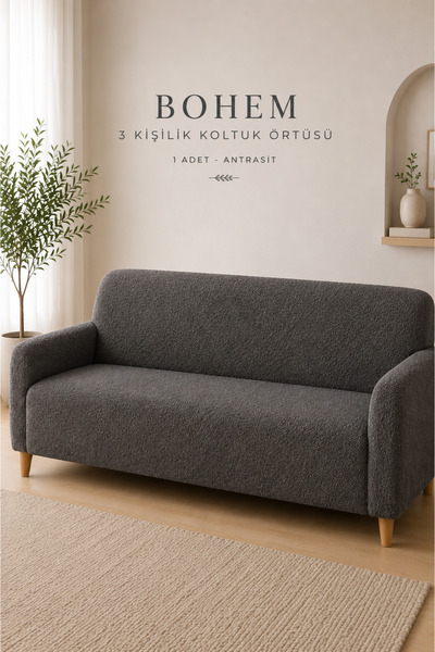 BTF HOME BOHEM JAKARLI Lastikli 3 Kişilik Koltuk Örtüsü Kaymaz, Esnek Yıkanab...