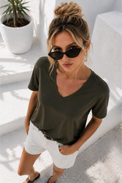 Rich Kadın Haki Viskon Ön Arka V Yakalı T-shirt Yarasa Kol Relaxed Bluz