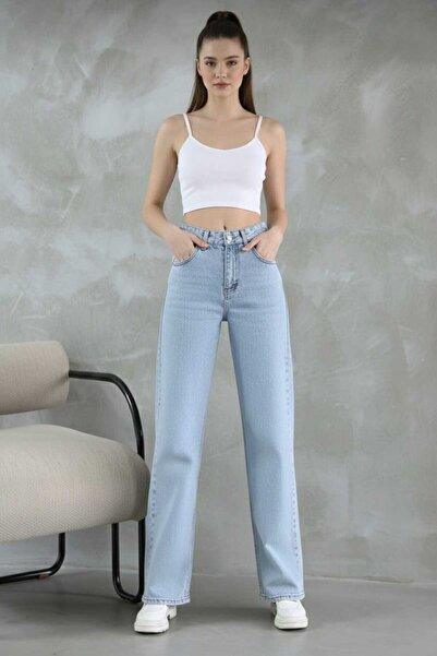 DRC trend Blue High Waist Loose Jeans Blue Snow Wash Palazzo Lycra Stretch Je...