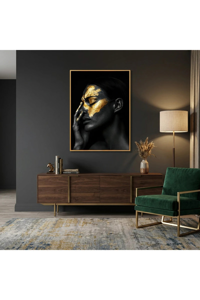 MallDeco Tablou Canvas Modern Negru cu Accente Aurii, Pictat Manual
