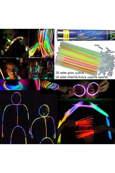partidolu Neonlu 20 Adet Karışık Renkli Glow Çubuk 20 Adet Bileklik Aparatı İ...
