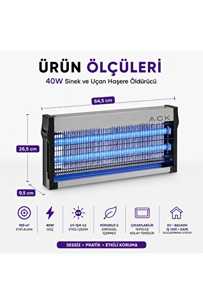 ACK 40W Elektrikli Sinek ve Uçan Haşere Öldürücü UV Işıklı 100 m²