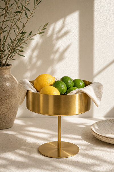 Anadolu Saray Gold Metal Decorative Serving Bowl with Stand, Fruit Bowl, Cook...