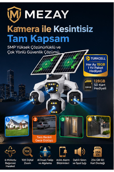 4 Kameralı Güneş Enerjili 4G Güvenlik Kamera Sistemi | 3 PTZ Döner Kamera + 1 Sabit Kamera | Gece Renkli Görüş | 128 GB SD Kart ve 1 Yıl İnternet Hediyeli